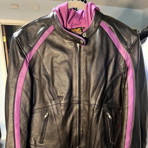 Milwaukee Leather Women's Striped Black Leather Jacket w Zip Out Lining SZ Lrg - Picture 1 of 12